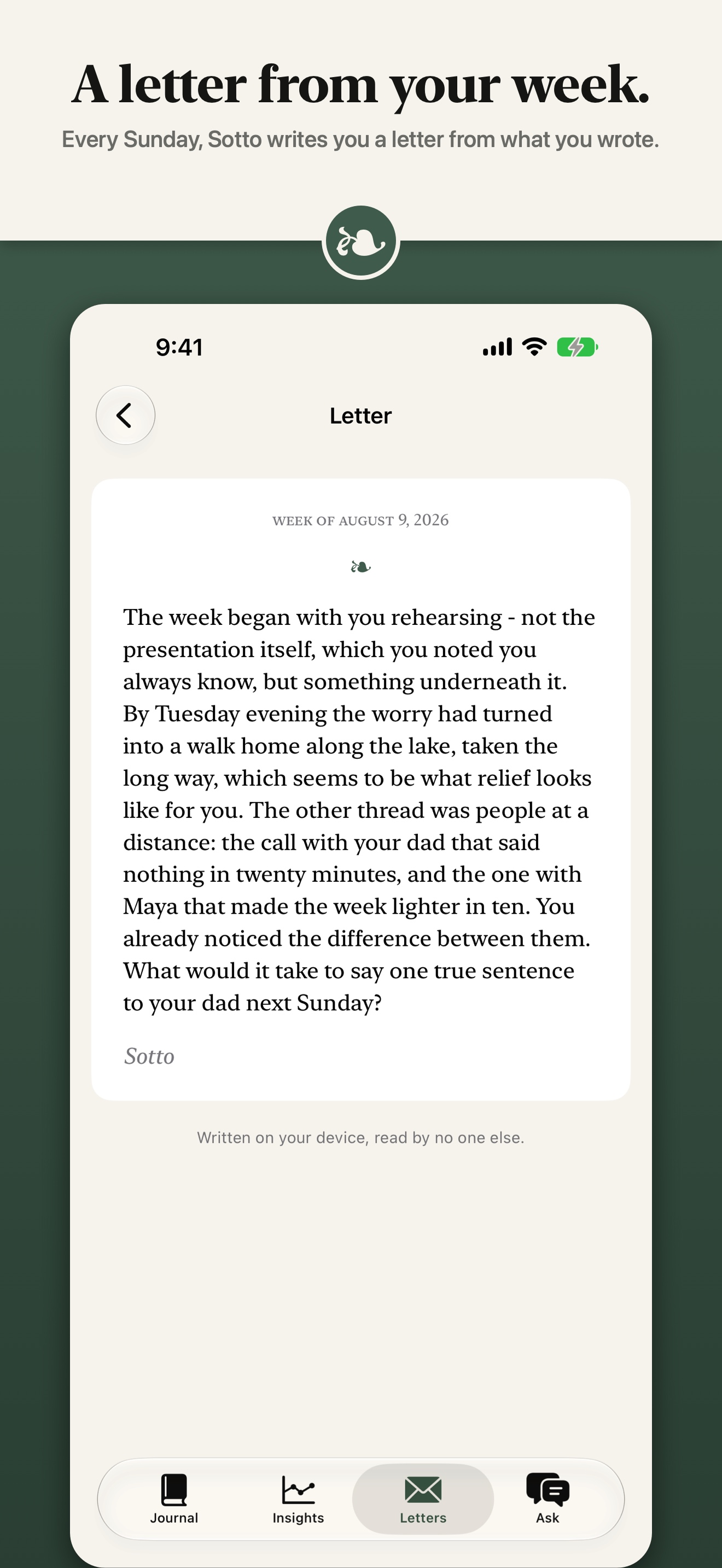 Store frame: a weekly letter on its stationery sheet, headline 'A letter from your week.'
