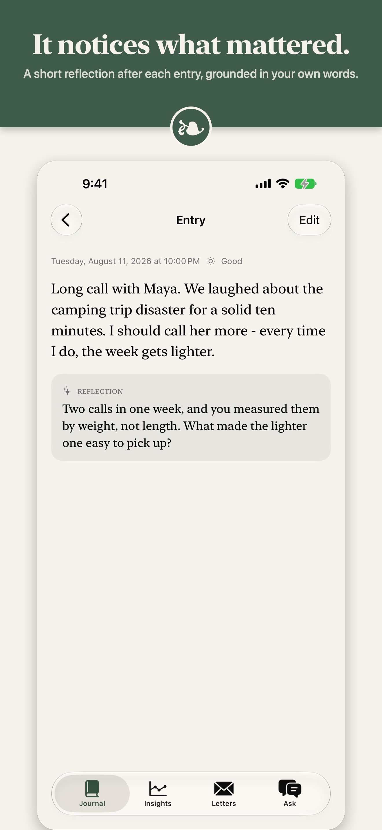 Store frame: a journal entry with its short AI reflection, headline 'It notices what mattered.'