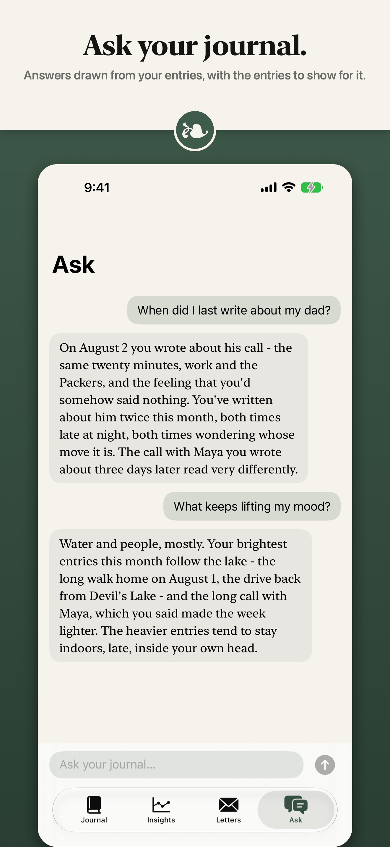 Store frame: the Ask tab answering questions from the user's own entries, headline 'Ask your journal.'