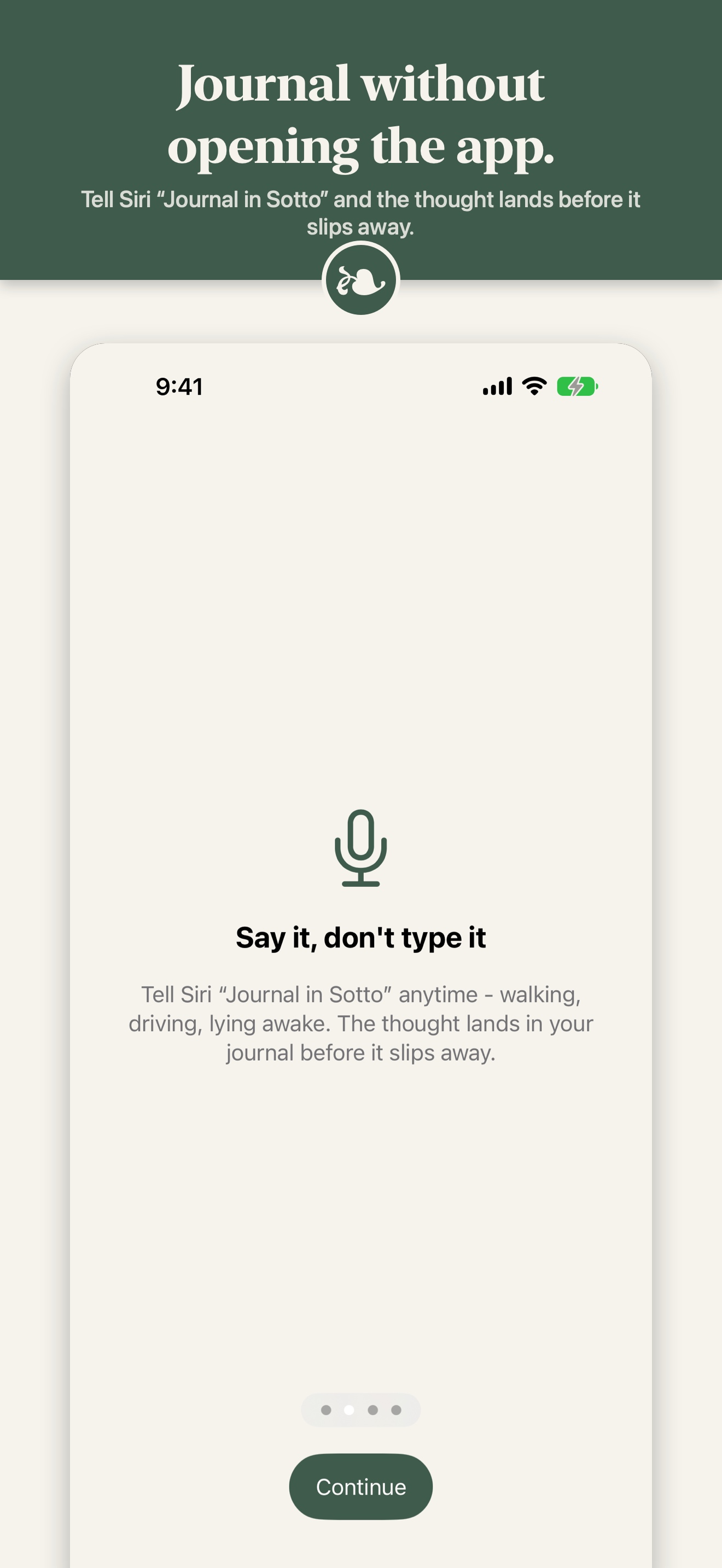 Store frame: Siri voice capture onboarding, headline 'Journal without opening the app.'