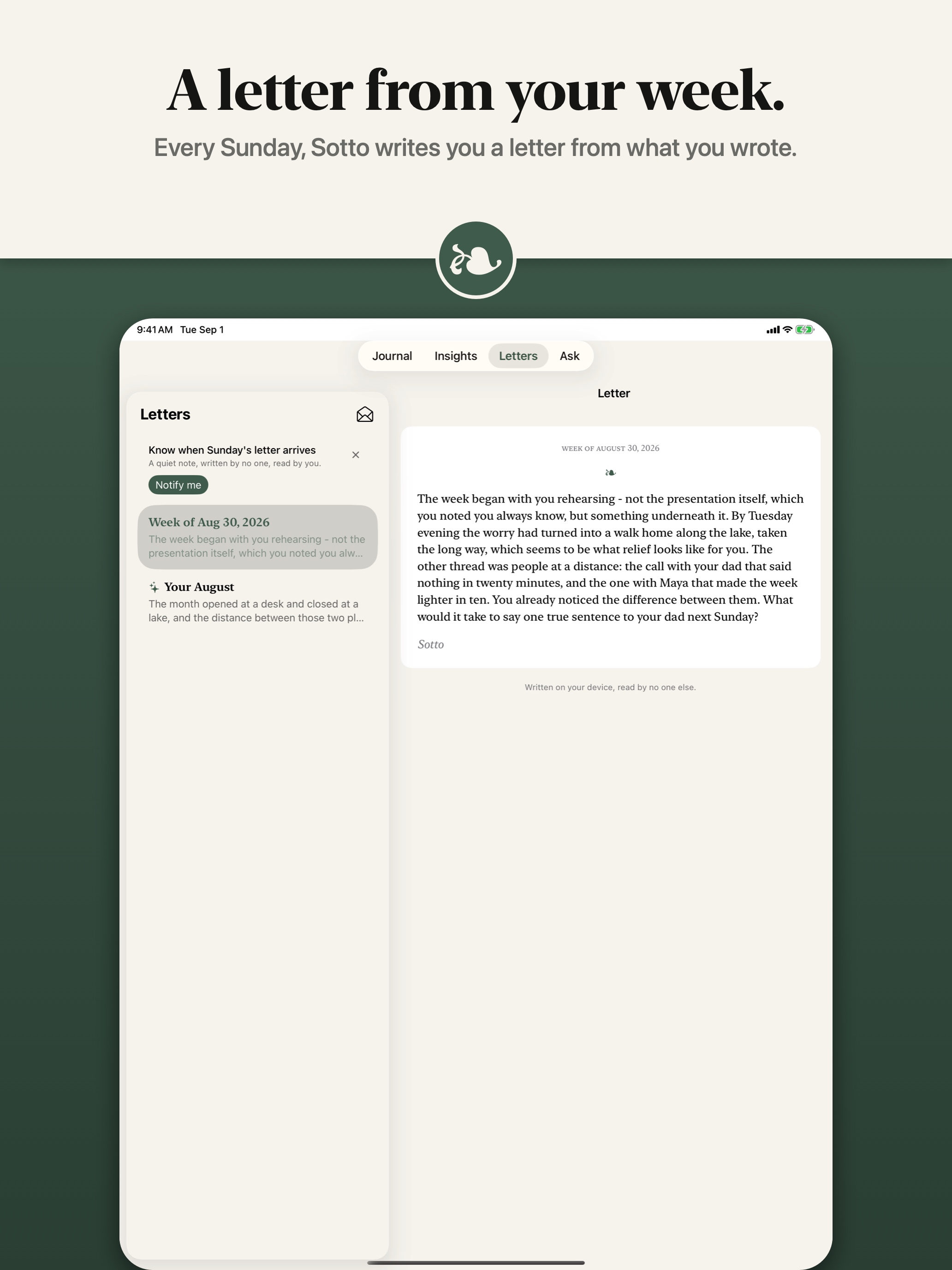 iPad store frame: the letters list beside a weekly letter on its stationery sheet, headline 'A letter from your week.'