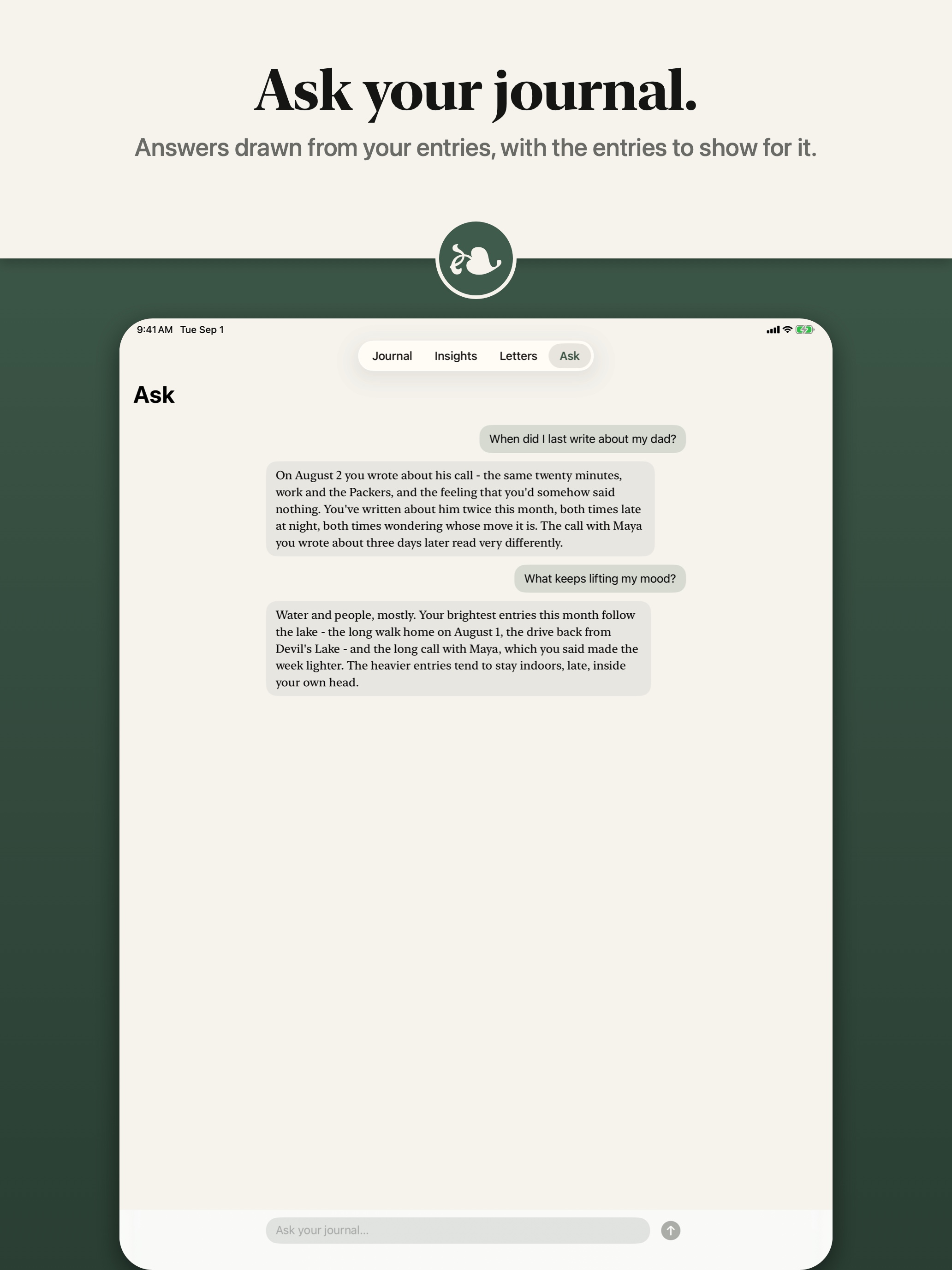 iPad store frame: the Ask view answering a question from the user's own entries, headline 'Ask your journal.'