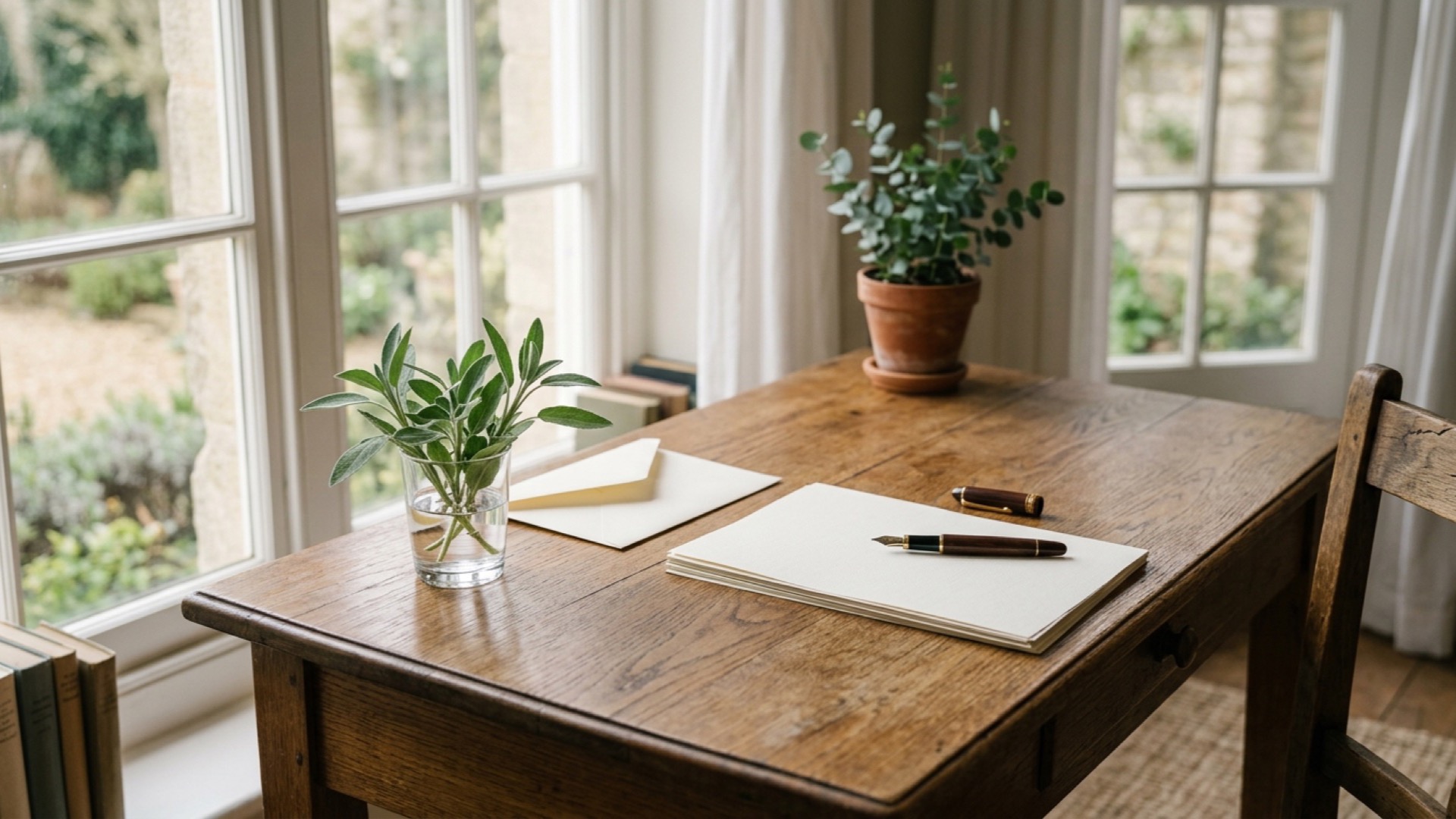 A quiet writing desk beside a tall window in soft morning light: cream letter paper and a fountain pen, a sprig of sage in a glass of water, and a folded cream letter
