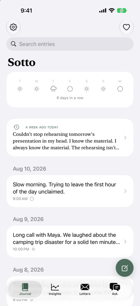 Sotto's journal timeline: a serif Sotto wordmark, a week of mood glyphs, a resurfaced entry from a week ago, and recent entries in soft cards with a sage compose button
