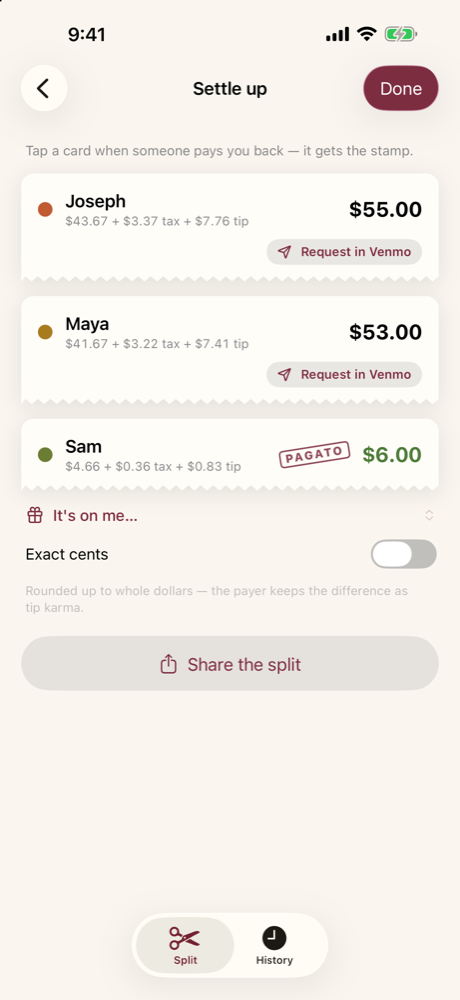 Spezza's settle-up screen: three torn-edge receipt cards with each person's share and a Request in Venmo button, one card stamped PAGATO in chianti red
