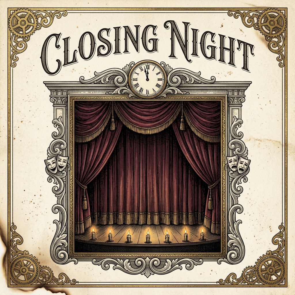 Engraved notice on aged ivory paper announcing a Closing Night, in a double-rule frame