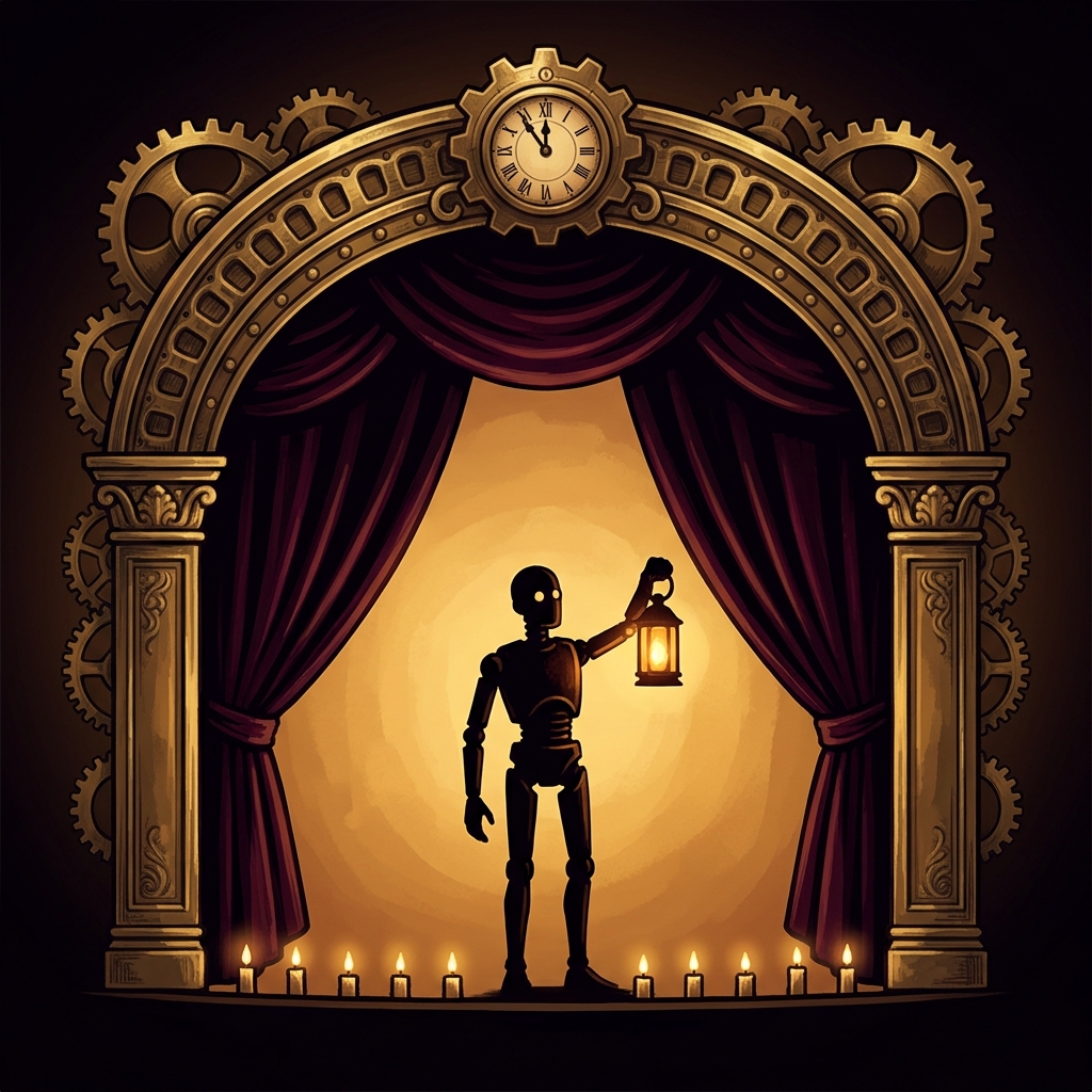 The Understudy app icon: a lantern-bearer silhouette inside a gearwork proscenium arch, a clock at minutes to midnight above