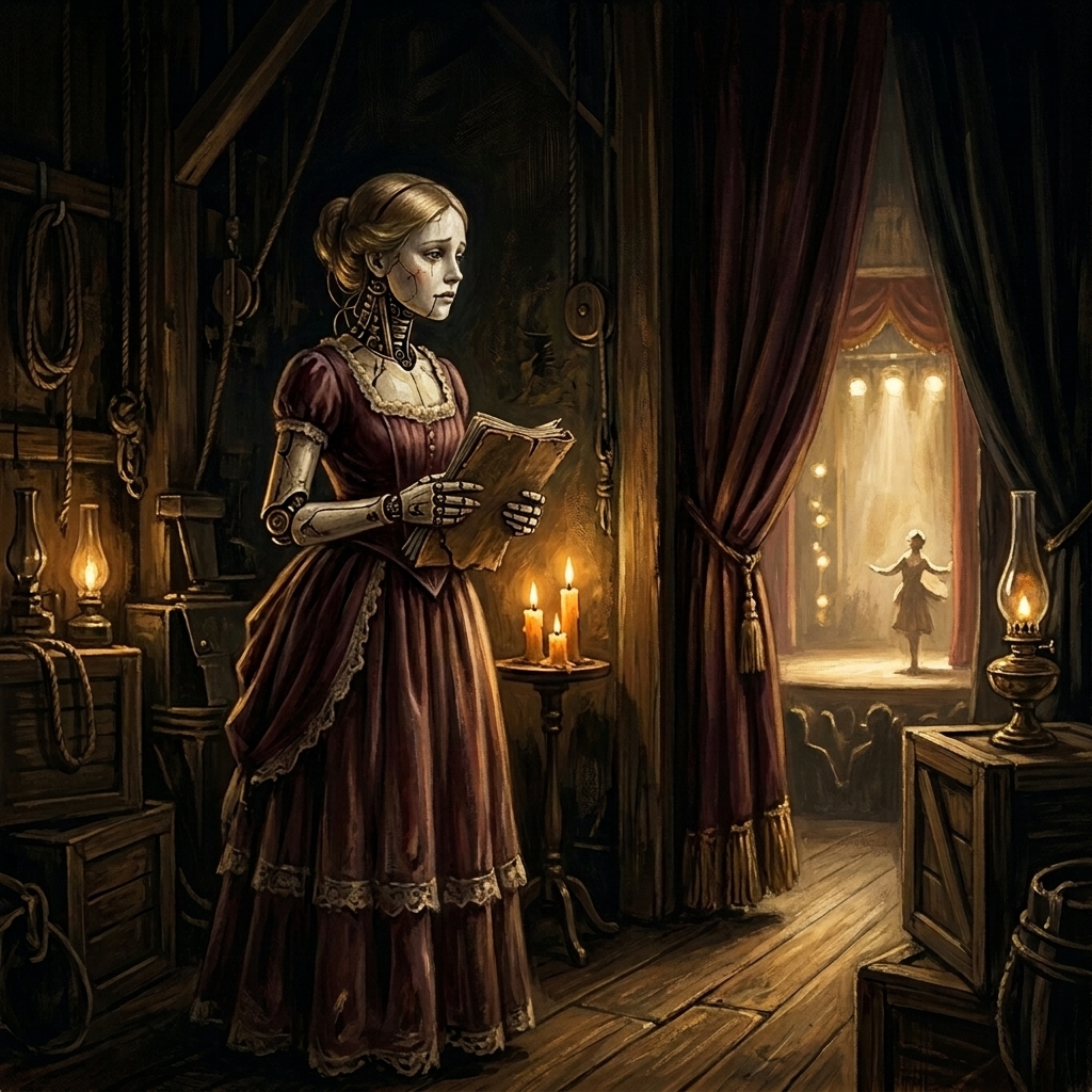 Oil-painted scene: Viola, a porcelain automaton with visible joints, lit by amber lamplight against black velvet and a burgundy curtain