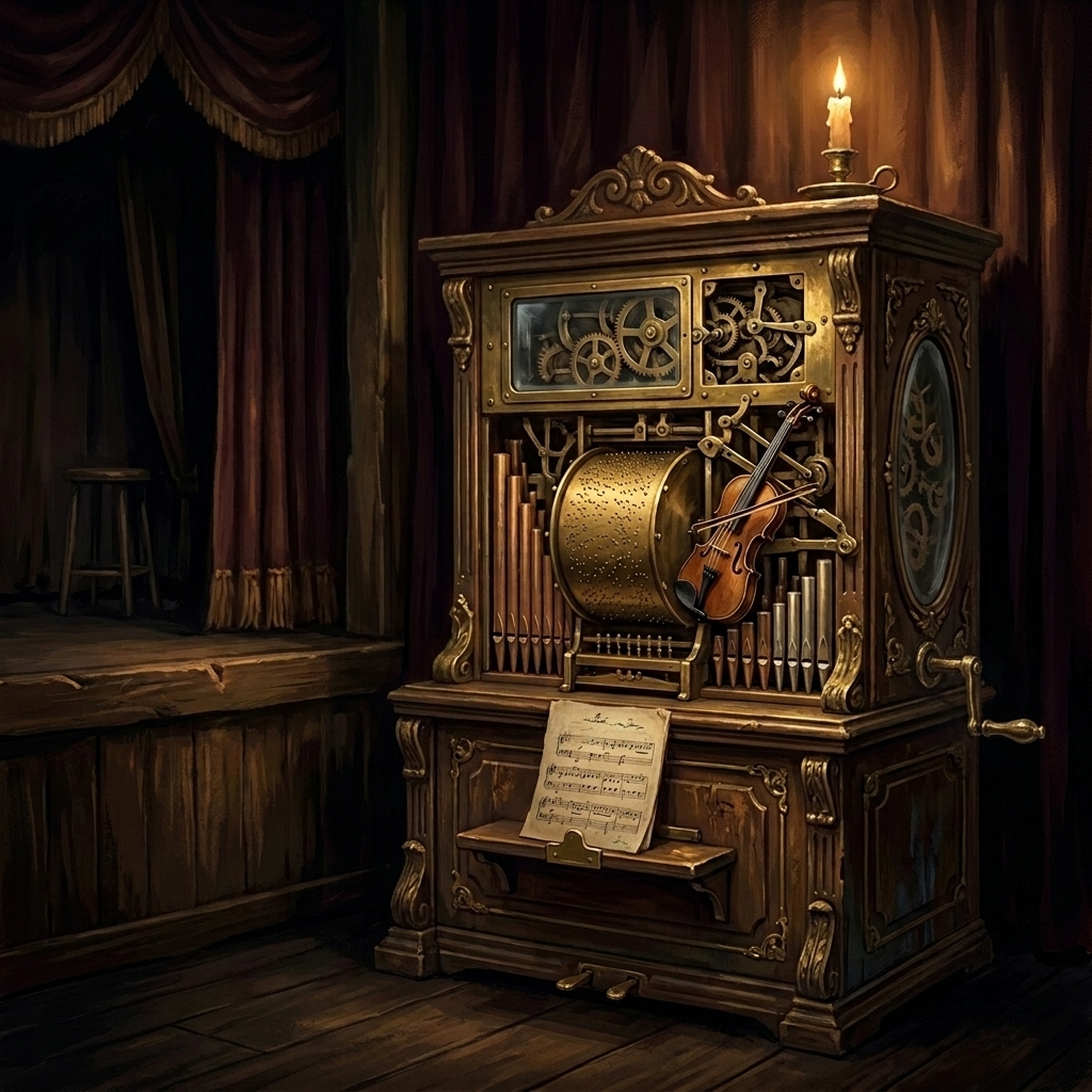 Oil-painted orchestrion cabinet, brass works and pinned cylinder in candlelight