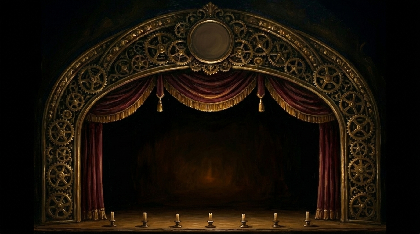 Painted proscenium arch with gearwork, blank clock medallion, curtains, and seven unlit candle cups