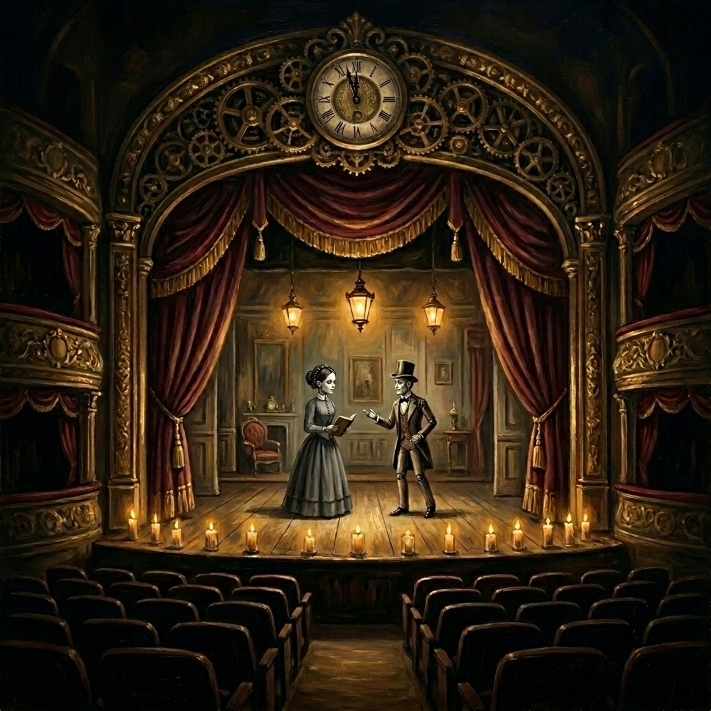 Oil-painted scene of the automaton stage mid-performance, footlights burning