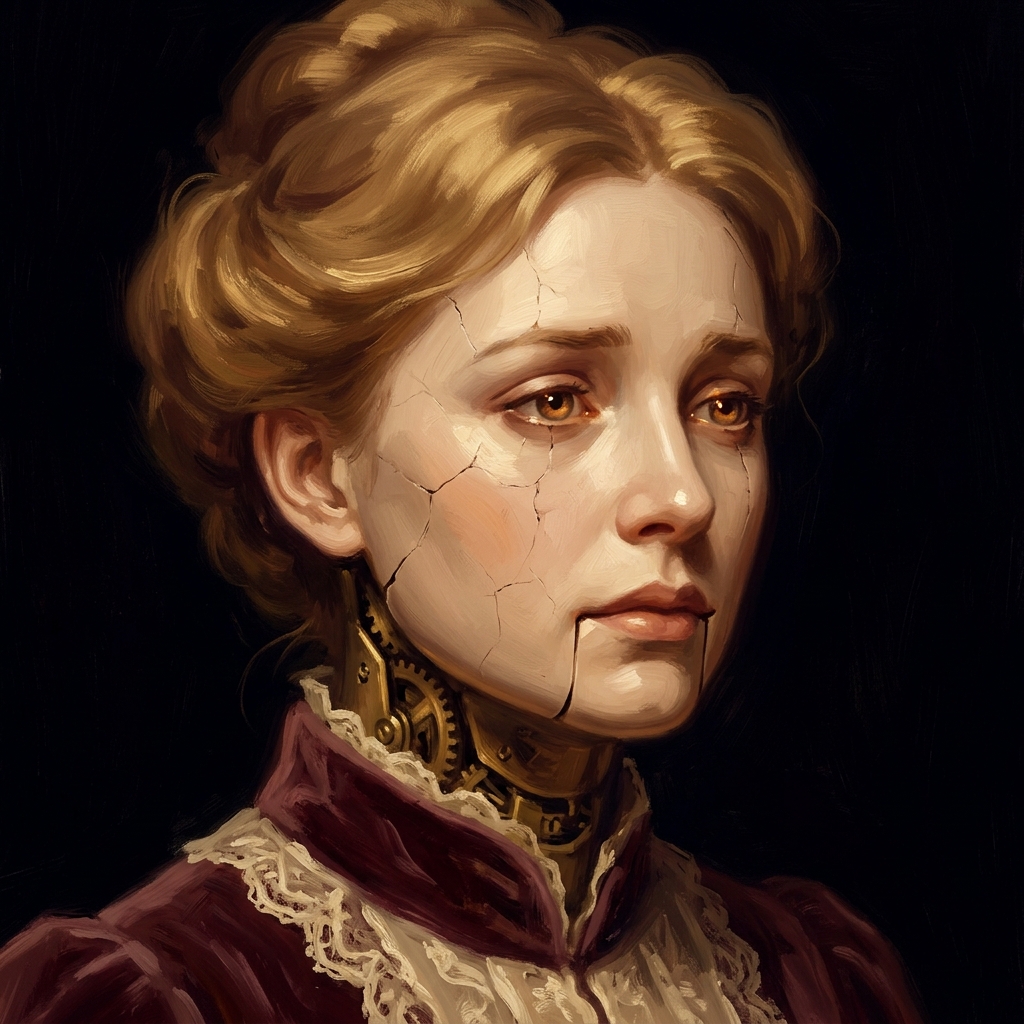 Formal oil portrait of Viola on a black ground, porcelain craze lines, brass works at the collar
