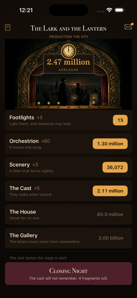 The Understudy's stage screen: a gilt proscenium showing 2.47 million applause over a candlelit play, with rows for Footlights, Orchestrion, Scenery, and The Cast below