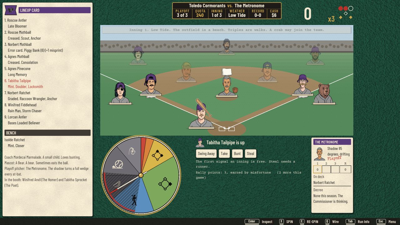 A playoff game against a boss pitcher, The Metronome, whose shadow sweeps a wide arc of the batter's disc