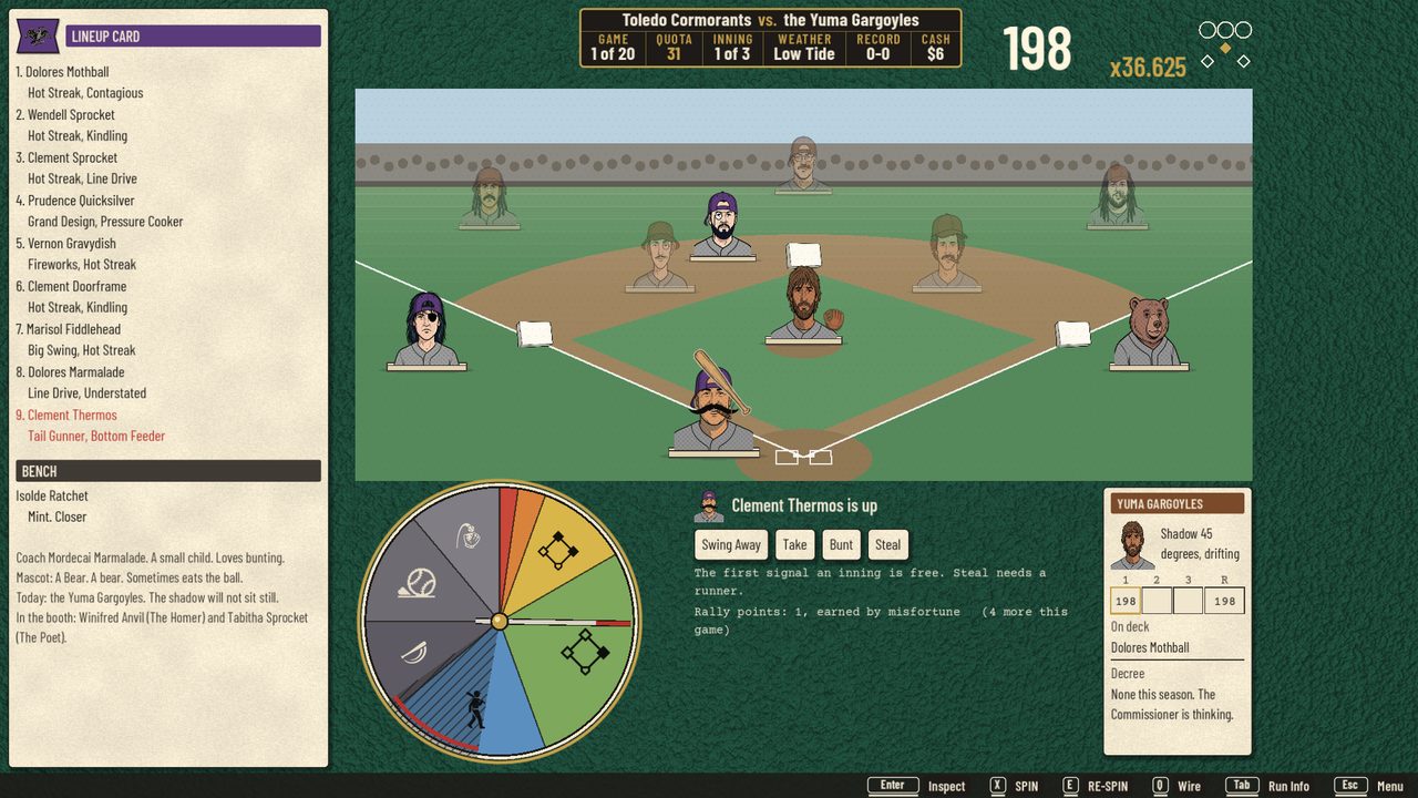 A game in play: the run counter at 198 against a quota of 31, the heat at x36, the batter's spinner disc below the field