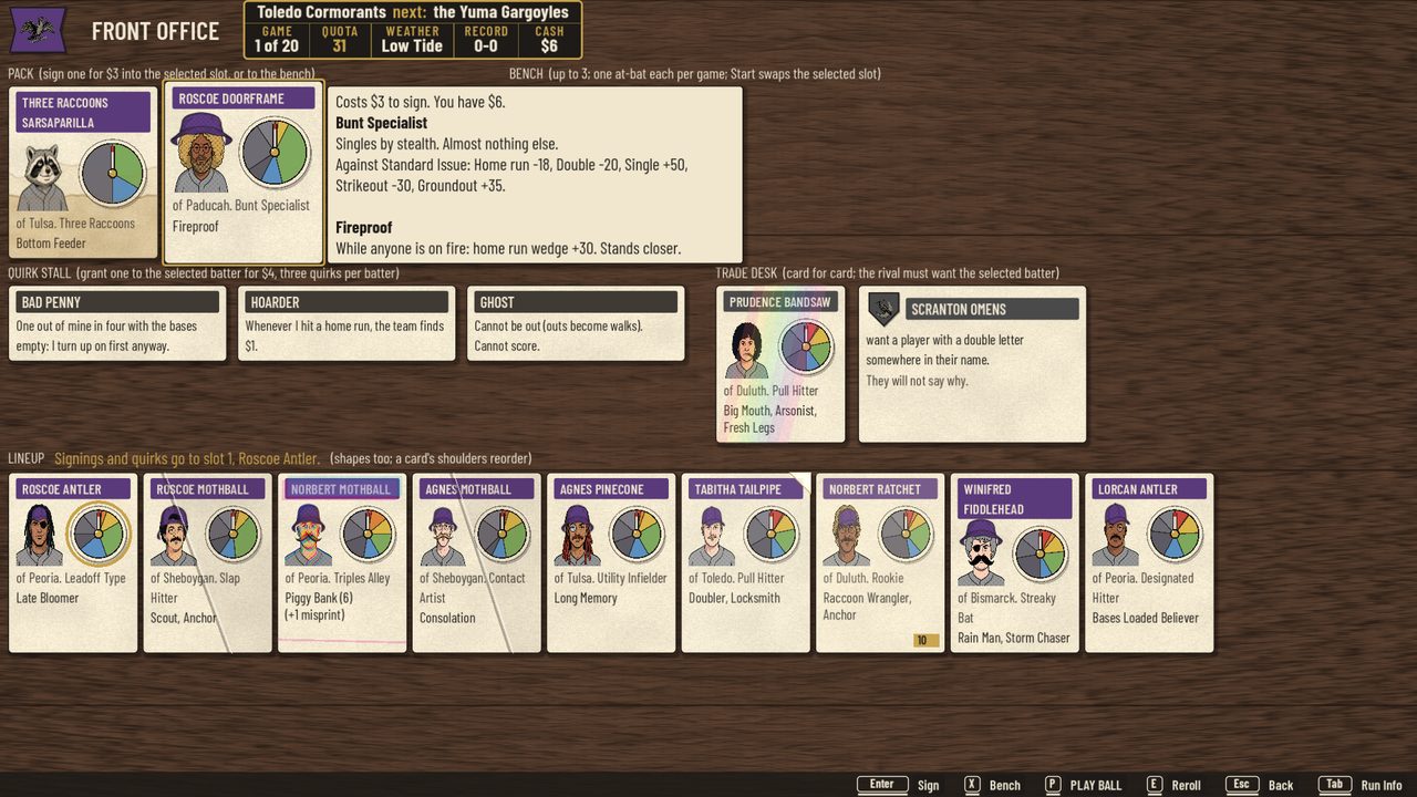 The front office: a three-card pack, the quirk stall and the trade desk above the nine-card lineup, one pack card explaining itself