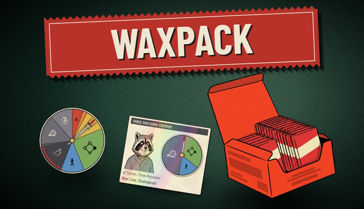 Waxpack's key art on green felt: the red WAXPACK banner over a spinner disc, a holographic card of Three Raccoons Thermos, and an open red wax box of packs